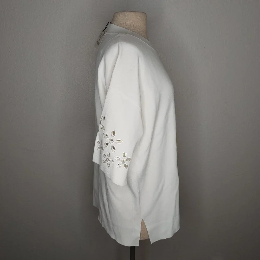 Zara Womens Top Medium Ribbed Short Sleeve Embroidered Flower Sleeves Ivory - Picture 8 of 16